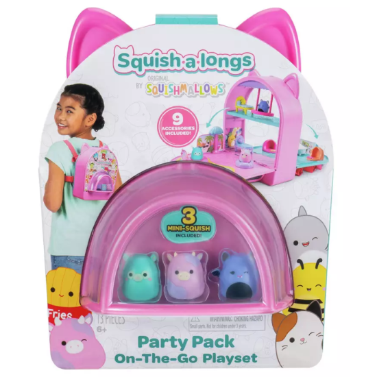 Squish-a-longs by Original Squishmallows Party Pack On-the-Go Playset - Series 1 - Three 1-Inch Mini-Squish with 9 Furnishings - Collect, Trade, & Play